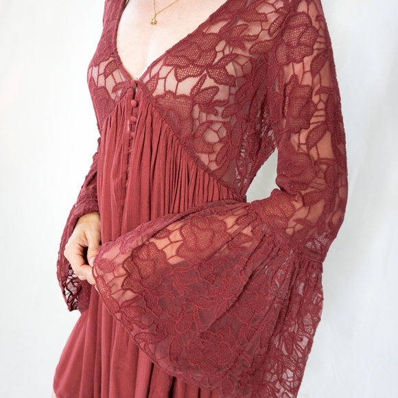 FREE PEOPLE Red Floral Lace Knit Tunic Dress Bell - Picture 7 of 7